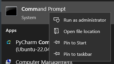 snippet of the Windows Start Menu showing the Command Prompt entry and context menu which includes the option "Run as Administrator"