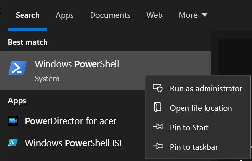 snippet of the Windows Start Menu showing the PowerShell entry and context menu which includes the option "Run as Administrator"
