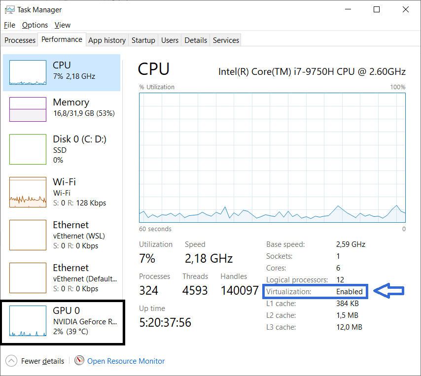 "Task Manager" window with the entries for the virtualization (right column, near the bottom) and GPU (left column, last row) highlighted