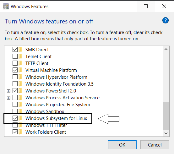 "Windows Feature" window with the "Windows Subsystem for Linux" entry highlighted and its checkbox ticked